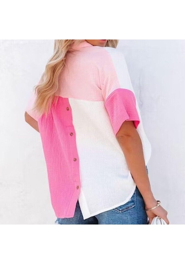 Yaz Moda Rahat Gevşek Gömlek Kadın Patchwork Renk Kısa Kollu Pamuklu Bluz Kadın Düğme Yukarı Gömlek Elbise Tops 26436 Gül Kırmızısı Fuşya