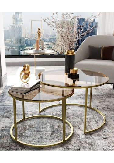 Dekoport Milas Gold Orta Sehpa - Bronz Cam Gold Bronz