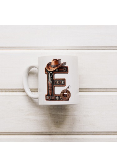 E Harfi Kovboy Temalı Bardak 330 Ml İsim / Harf Kişiye Özel Hediye - Vahşi Batı Konsept Beyaz