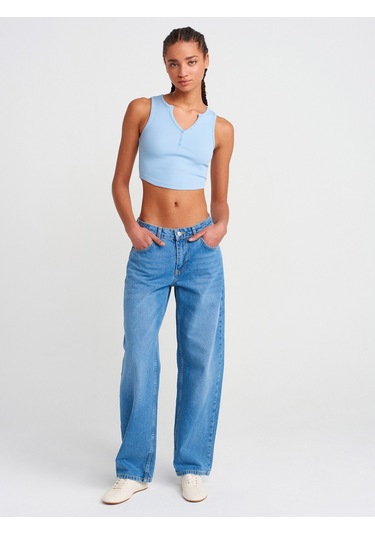 Dilvin 20844 Önü Düğmeli Top-mavi Mavi