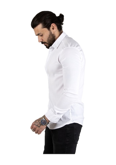 Deepsea Erkek Beyaz Likralı Slim Fit Spor Gömlek Esnek Kumaş Gömlek 2001810 Beyaz
