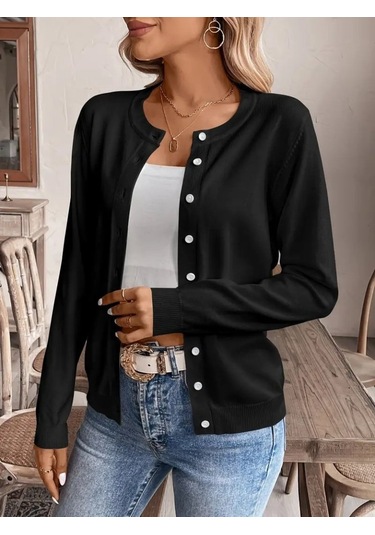 Kadın Uzun Kollu Önden Düğmeli Triko Ceket Siyah