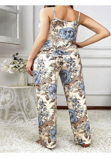 Büyük Beden Mavi Çiçek Desenli İnce Askılı 2'li Saten Pijama Mavi