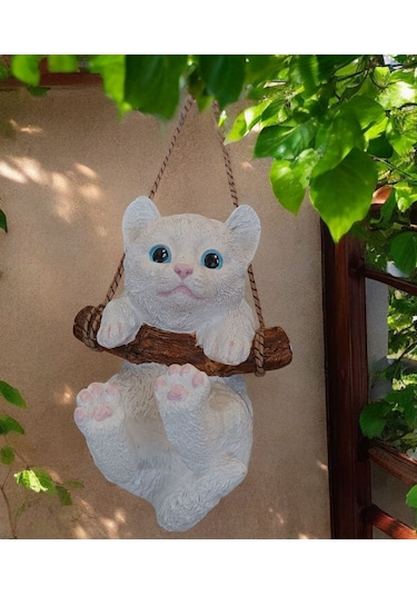 1 Adet Dekoratif Sallanan Duvar Ve Bahçe Süsü Kedi Beyaz