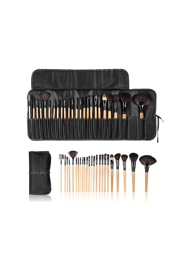 Wezone 24'lü Profesyonel Makyaj Fırçaları Seti - Farklı Görünümler İçin Çeşitli Şekiller Ve Boyutlar - Ahşap Kollü + Deri Çantası