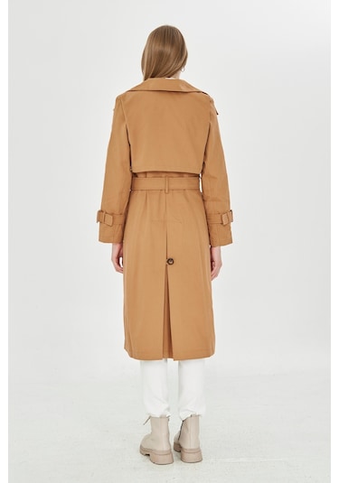 Pastelastore %100 Pamuk Gabardin Uzun 110cm Astarlı Kemerli Kadın Trençkot 1111 Tarçın