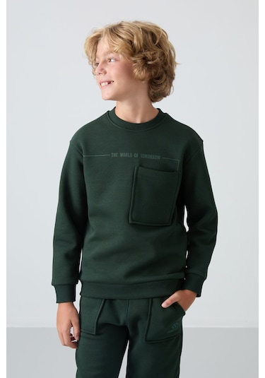 Çam Yeşil Pamuklu Kalın İçi Tüylü Yumuşak Dokulu Standart Fit Baskılı Erkek Çocuk Eşofman Takım - 1 Yeşil