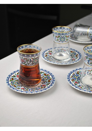 12 Parça 6 Kişilik Lüx Cam Çay Seti Gold Detaylı Altın Renk İşlemeli Lüks Çay Takımı Lacivert