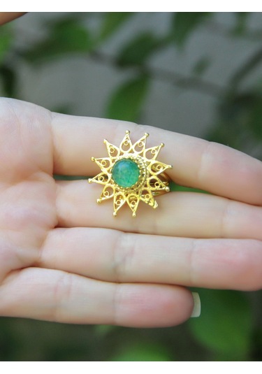 Esha Store Doğal Taş Yeşil Akik Doğal Taşlı Yıldız Model Telkari Kadın Ayarlanabilir Altın Kaplama Yüzük Euy60y Yeşil