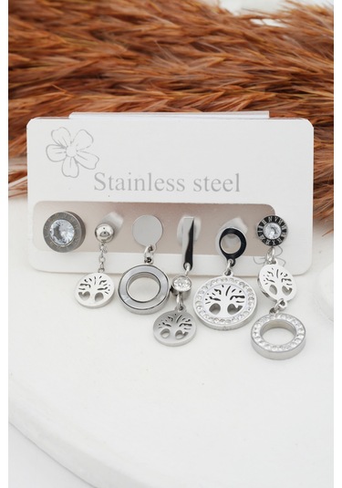 Kadın Kararmaz 6'Lı Hayat Ağacı Detaylı Çelik Set Küpe Gümüş-M Kadın Kararmaz 6'Lı Hayat Ağacı Detaylı Çelik Set Küpe Gümüş-M