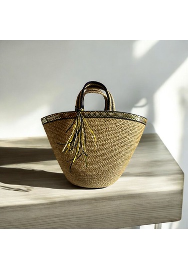 Hasır Çanta, Plaj Çantası, Tasarım Çanta, Siyah Gold Şeritli El Çantası Haki - Siyah