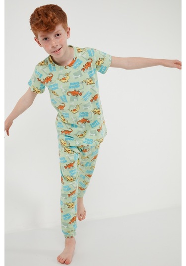 Lela Desenli % 100 Pamuk Bisiklet Yaka Erkek Çocuk Pijama Takımı 6651003 Mint