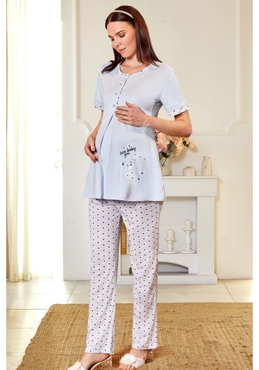 Lohusa Hamile Kısa Kol Pijama Takımı Nakış Detaylı Hastane Çıkışı Emzirme Düğmeli Flz 24-55