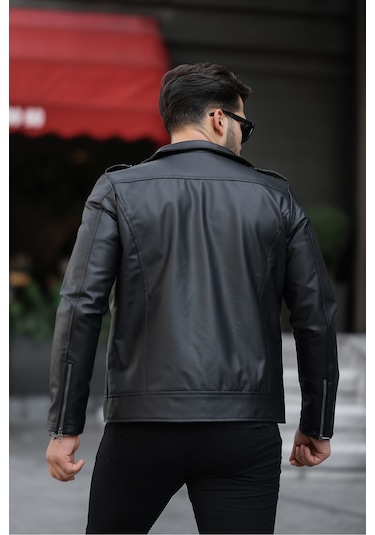 Erkek Çapraz Fermuarlı Deri Ceket Siyah