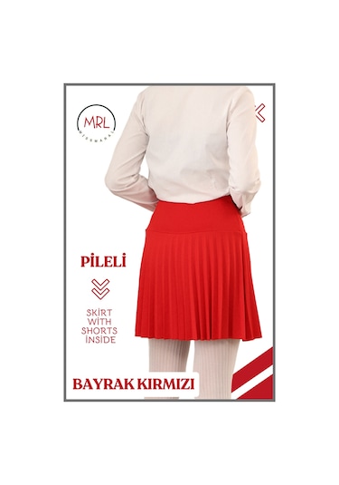 Kız Çocuk Pileli Etek Kırmızı Yüksek Bel İçi Şortlu Likra Kumaş Okul-oyun-spor-etkinlik Eteği 4105 Kırmızı