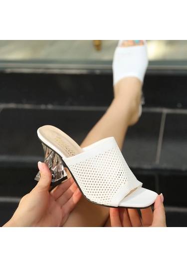 Akva Beyaz Triko Şeffaf Topuklu Kadın Terlik Beyaz