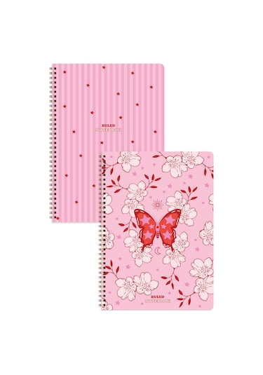 A4 Spiralli Karton Kapak 2 Li Set Çizgili Okul Defteri 80 Yaprak, Ders Programlı Pembe Kelebek