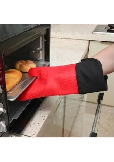 Kırmızı Silikon Yanmaz Mutfak Eldiveni - Isı Yalıtımlı 35 Cm 3 Lü Eldiven