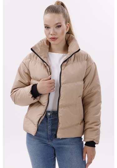 Kadın Dolgulu Puffer Mont - Yüksek Yaka, Suya Dayanıklı Gri