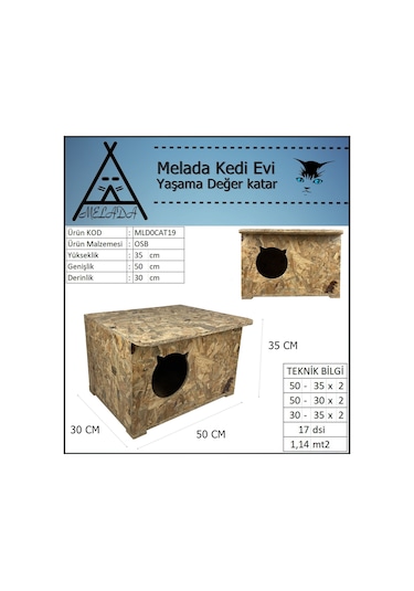 Melada Kedi Evi Dış Ortam Uygun Ahşap Kedi Evi Osb 50x35x30 Cm