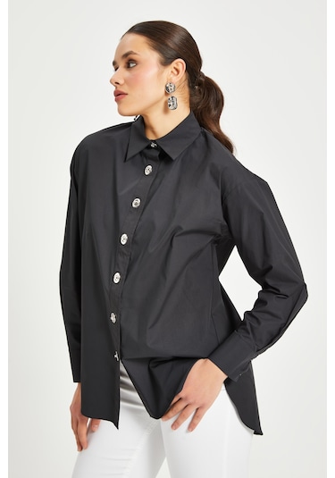 Kadın %100 Koton Oversize Gömlek Taş Düğme Detaylı Uzun Kollu Şık Model Siyah