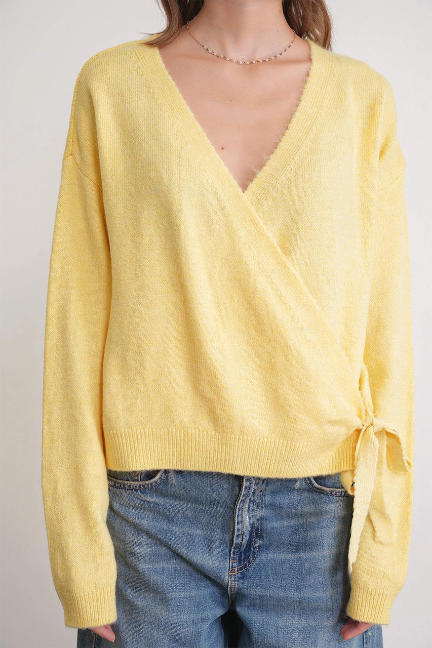 6959 Kadın Fiyonklu Triko Hırka Sarı Sarı