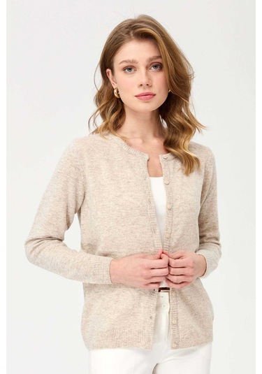 Desen Triko Kadın Sıfır Yaka Triko Yün Hırka 21031 V. Bej