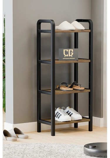 4 Katlı Ahşap Çubuklu Ayakkabılık, 40cm Düzenleyici Raf Ceviz