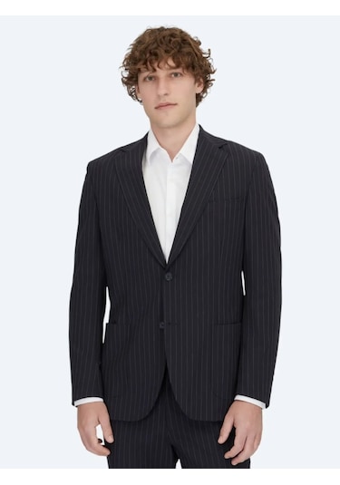 Lacivert Çizgili Modern Fit Örme Takım Elbise Lacivert