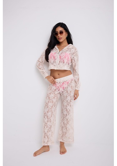 Kapuşonlu Dantel Bluz Ekru