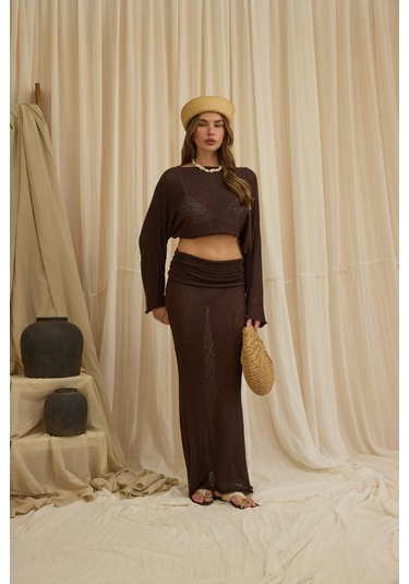 Mai Collection Naval Kahve Crop Etek Triko Takım