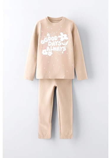 Luess Kız Çocuk %100 Pamuklu Kabartma Baskılı Alt Üst Pijama Takımı - Bej 3-4 Yaş 8-9 Yaş Bej