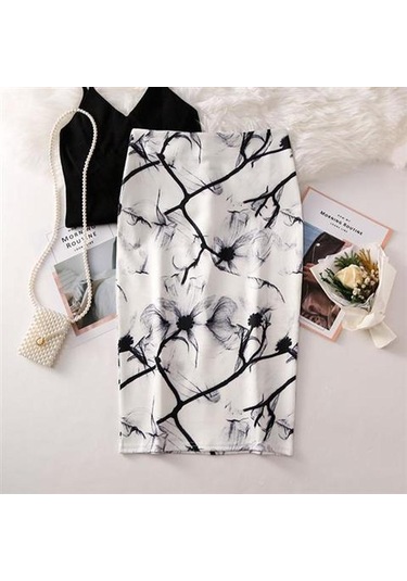 Mavi Yaz Baskı Zarif Kalem Etek Kadın Yüksek Bel Diz Boyu Etek Kadın Mavi