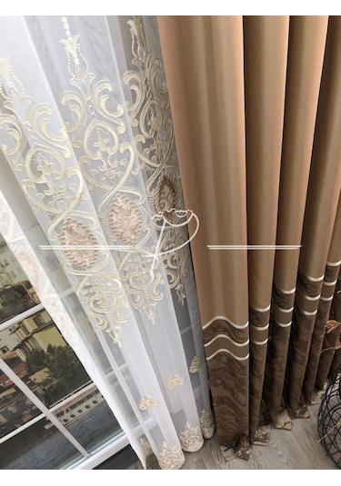 Tül Perde 32122 Nolu Desen Kadife Işleme Tül Perde Çok Renkli