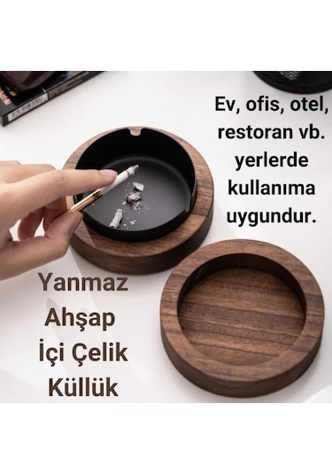 Coofbe Ahşap Kapaklı Masaüstü Küllük Kül Tablası Paslanmaz Çelik Kül Tablası Koku Engellemeli Küllük