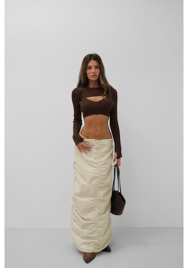 Büzgü Detay Maxi Etek Bej