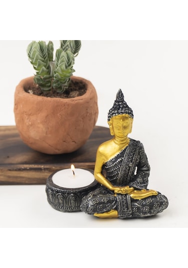 Buddha Temalı Gold Siyah Tealight Mumluk Renkli