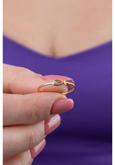 14 Ayar Altın Mini Firuze Taş Detaylı Balık Yüzük Pembe Altın