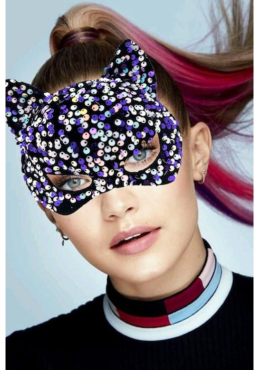 Siyah Kadife Kumaş Üzerine Mor Beyaz Payetli Pullu Parti Maskesi 16x14 Cm