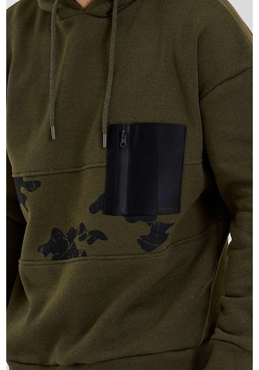 Polostate Erkek Kamuflaj Baskılı Kapüşonlu Sweatshirt Haki