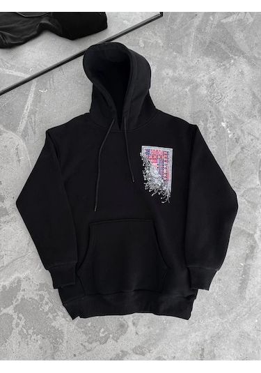 Efnaz Style Uzun Kol Kapşonlu Ön Ve Arka Baskılı Sweatshirt - Siyah