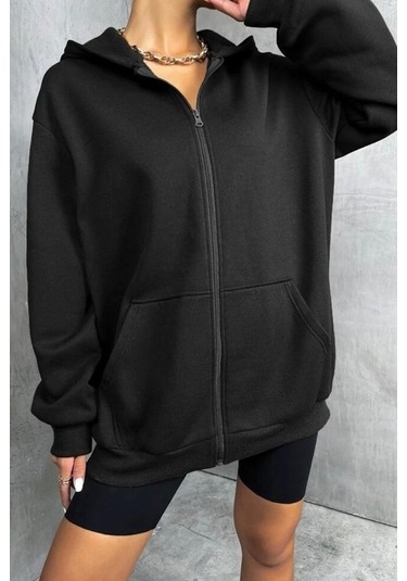 Modagen Unisex Oversize Fermuarlı Sweat Hırka Siyah