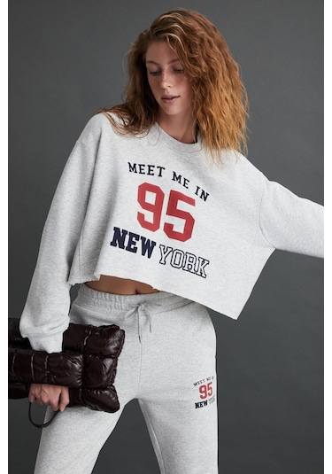 Gloryy Kadın Comfort Fit Baskı Detaylı Lastikli Paça Organik Pamuklu Grimelanj Eşofman Takımı