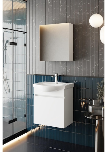 Karen Banyo Fulya 50 Cm Mdf Lavabolu Aynalı Banyo Dolabı Seti Seramik Lavabo Dahil Beyaz Mdf Beyaz