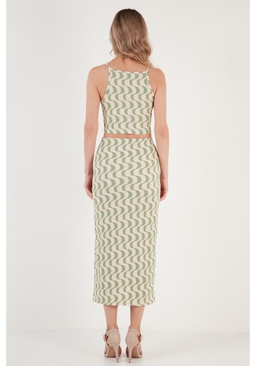 Lela Slim Fit Ip Askılı Yırtmaçlı Bayan Takım 5865278 Yeşil-Beyaz
