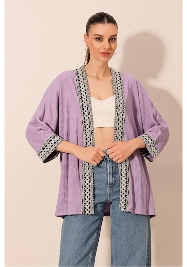Bigdart 5866 Nakışlı Örme Kimono - Lila 001