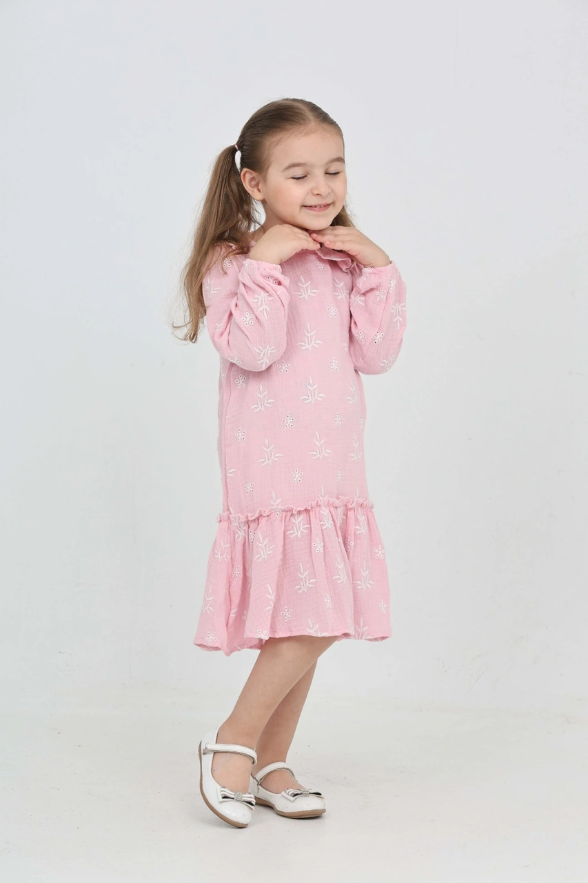 Toontoy Kız Çocuk Çiçek Nakışlı Bebe Yaka Elbise Açık Pembe
