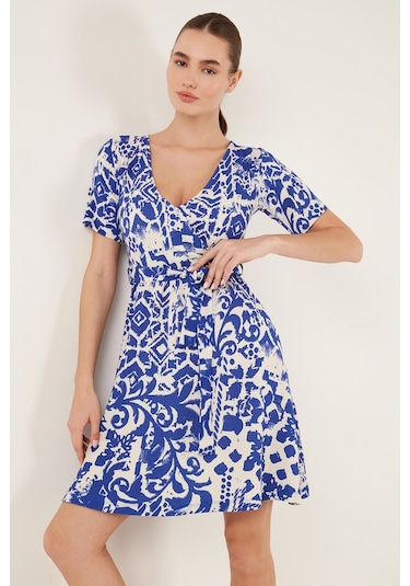 Lela Desenli Kruvaze Yaka Regular Fit Bayan Elbise 5865723 Saks