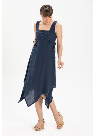 Kolsuz Şile Bezi Üçgen Katlı Midi Boy Yazlık Elbise Lacivert Lcvt Lacivert