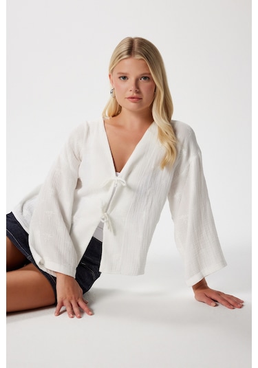 Ritnice Kadin Flora Müslin Kabartma Dokulu Ekru Kimono Ekru